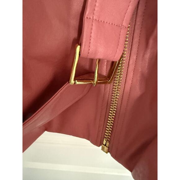 Michael Kors Faux Leather Moto Jacket Pink Belted XXL Gold Zip Biker Style - Picture 5 of 9